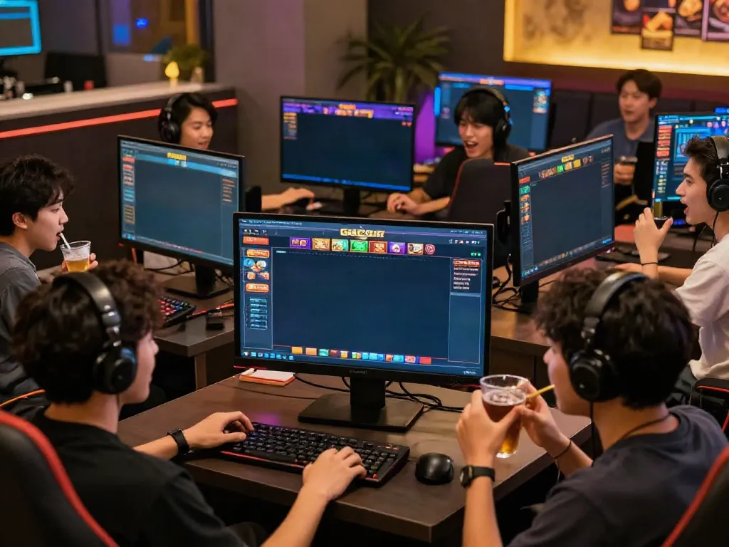 Exciting scene of diverse players enjoying slot gacor games on a large screen.
