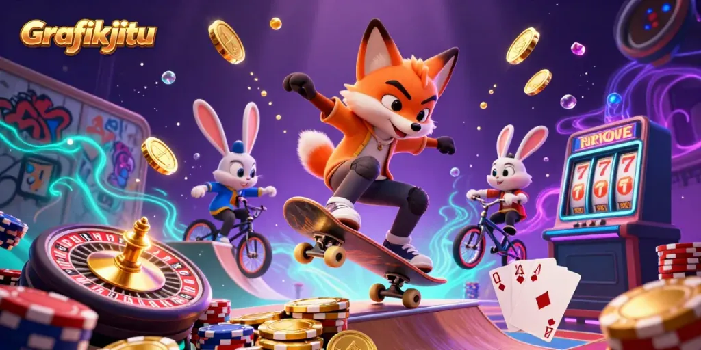 Experience Grafikjitu through dynamic gaming fun with a skateboarder fox and BMX rabbit in a colorful casino scene.