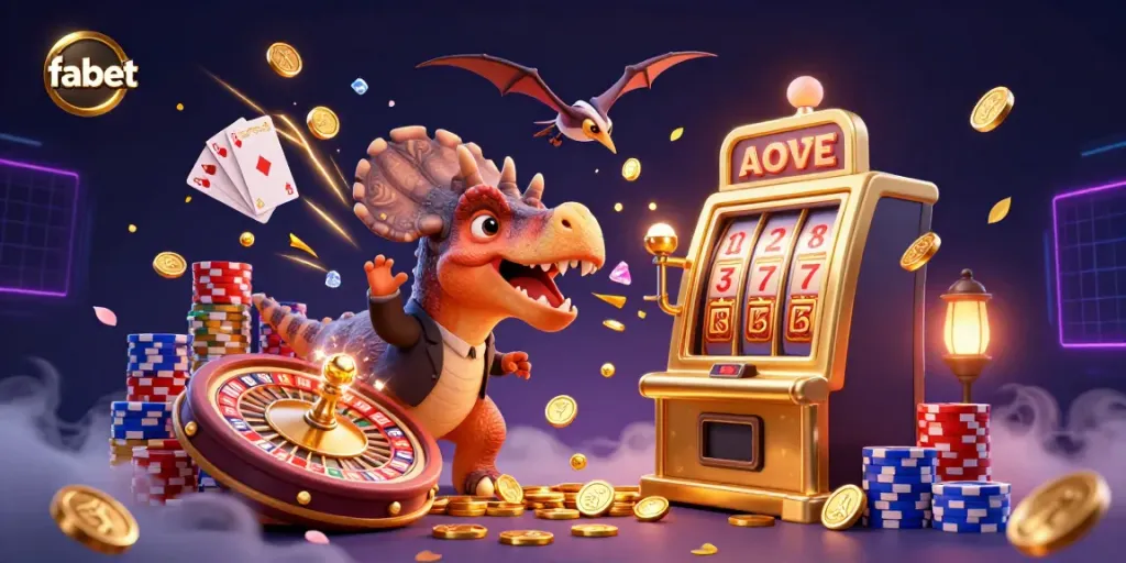 Experience the thrill at Fabet with a pachycephalosaurus triggering jackpots and gold coins flying in a vibrant casino.