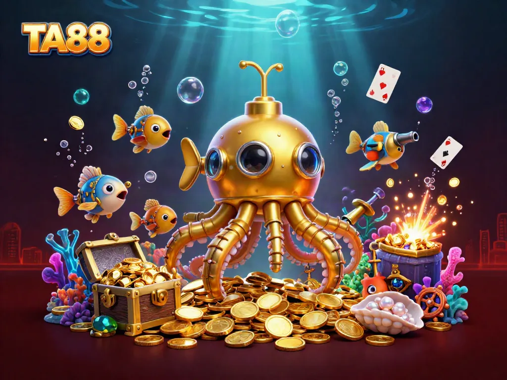 Experience the excitement of TA88 with a golden kraken submarine among treasure and games.