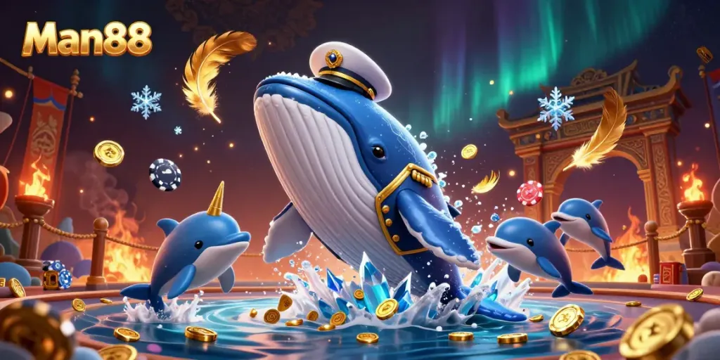 Experience the thrill of Man88 online casino with a cartoon whale, a narwhal, and dolphins amidst coins.