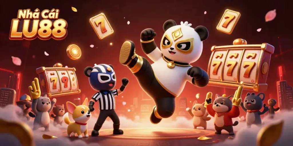 Experience the thrill of Nhà Cái LU88 with a vibrant scene featuring a wrestling panda and dynamic slot elements.