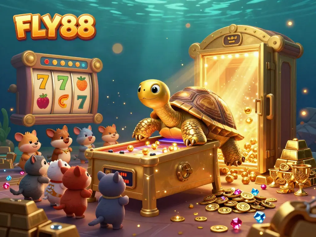 Experience thrilling slots action with FLY88, featuring vibrant symbols, a colossal tortoise, and treasures.