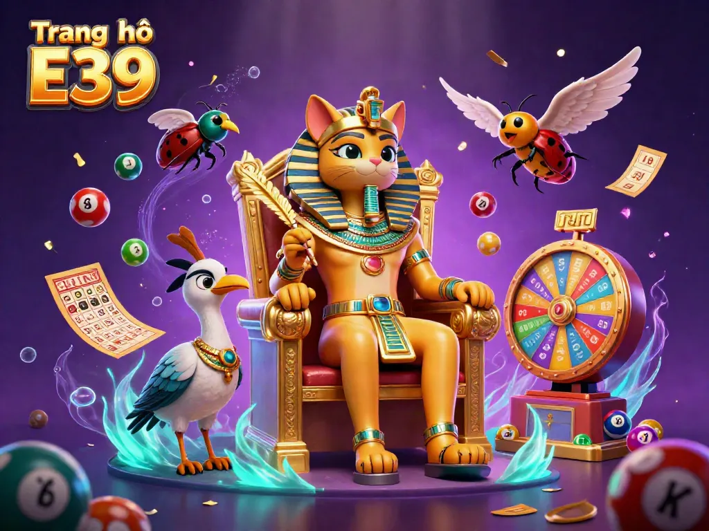 Engaging scene depicting the Trang chủ E39 with a pharaoh cat on a throne, surrounded by dynamic casino elements.