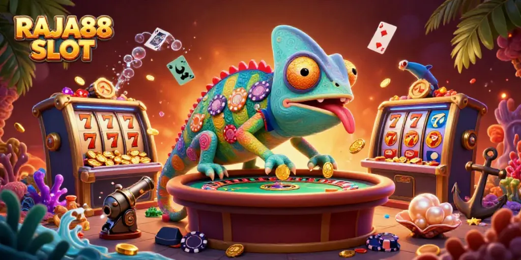 Engage with exciting RAJA88 SLOT games amidst vibrant casino-themed elements.