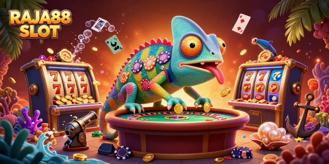 Engage with exciting RAJA88 SLOT games amidst vibrant casino-themed elements.