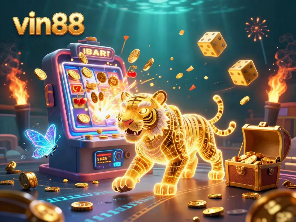 Experience the vibrant playfulness of vin88 in this dazzling casino scene with slots and rich gaming elements.