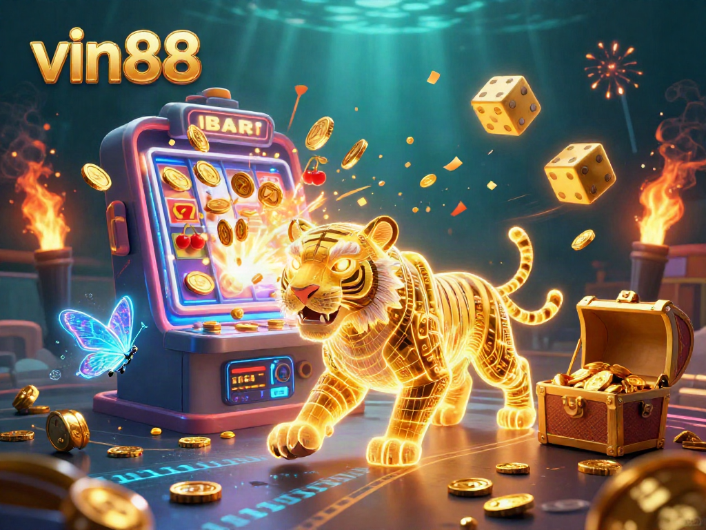 Experience the vibrant playfulness of vin88 in this dazzling casino scene with slots and rich gaming elements.