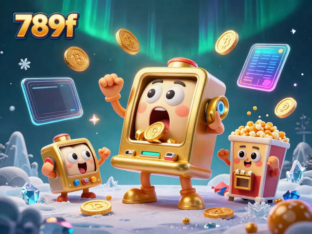 Experience the thrill of winning with 789f as cartoon slot machines celebrate jackpots amidst crypto coins.