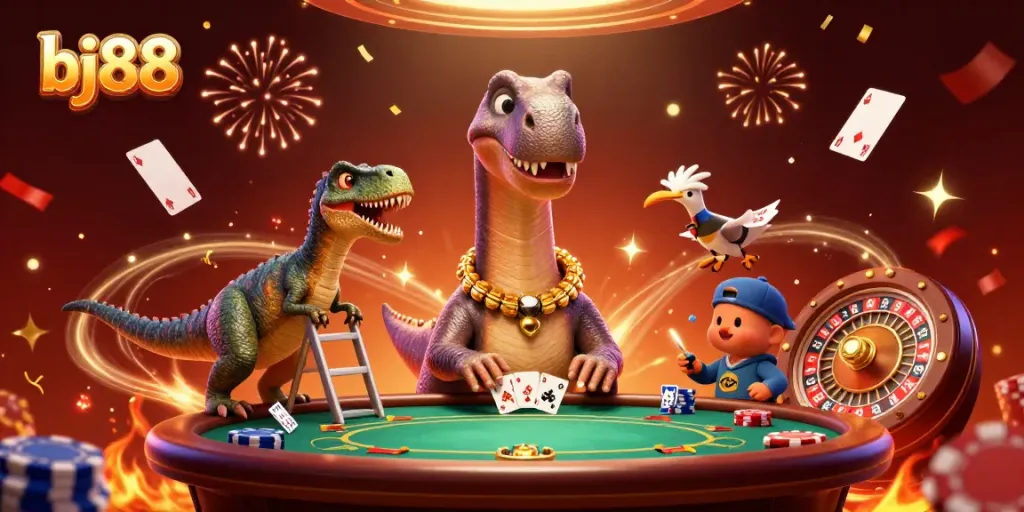 The brontosaurus from bj88 playfully oversees a vibrant casino scene, with cards being dealt at a poker table.