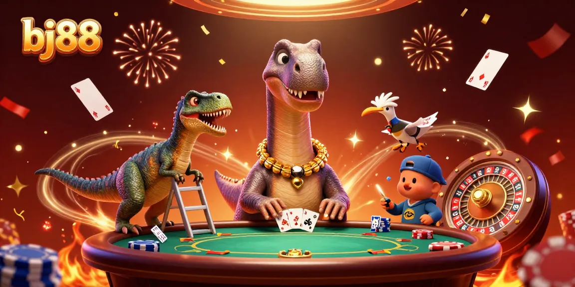 The brontosaurus from bj88 playfully oversees a vibrant casino scene, with cards being dealt at a poker table.