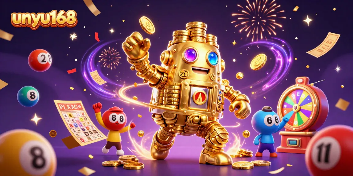 Menangkan kasino online UNYU168 dengan simbol golem emas dan bola lotere berwarna.