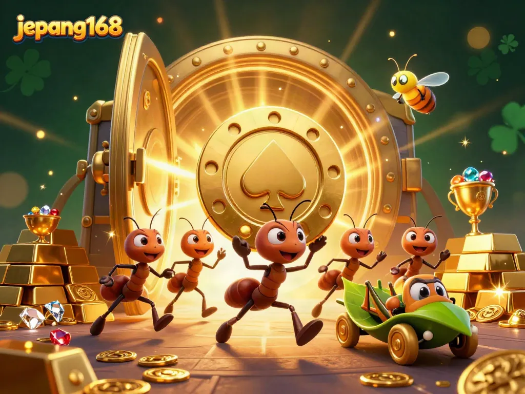 jepang168 ants stealing a giant poker chip from a treasure vault during a heist