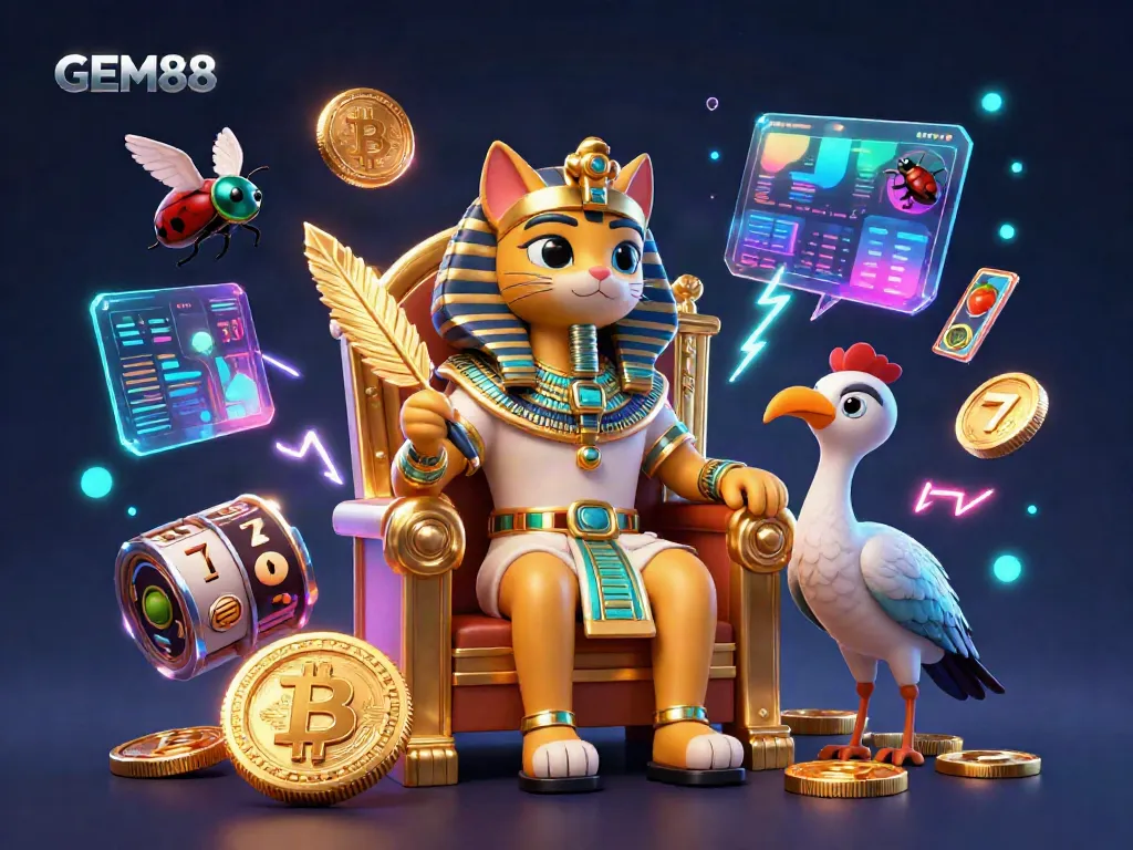 Engage in the vibrant world of GEM88, where an Egyptian pharaoh cat oversees thrilling slots and crypto excitement.
