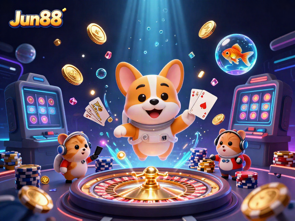 Experience unbeatable fun at Jun88 with the gambling adventure of floating coins, games, and vibrant characters!