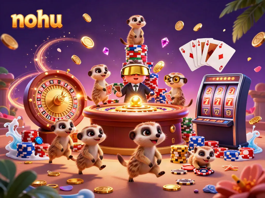 Experience thrilling nohu gameplay with engaging meerkat characters in a vibrant casino scene.