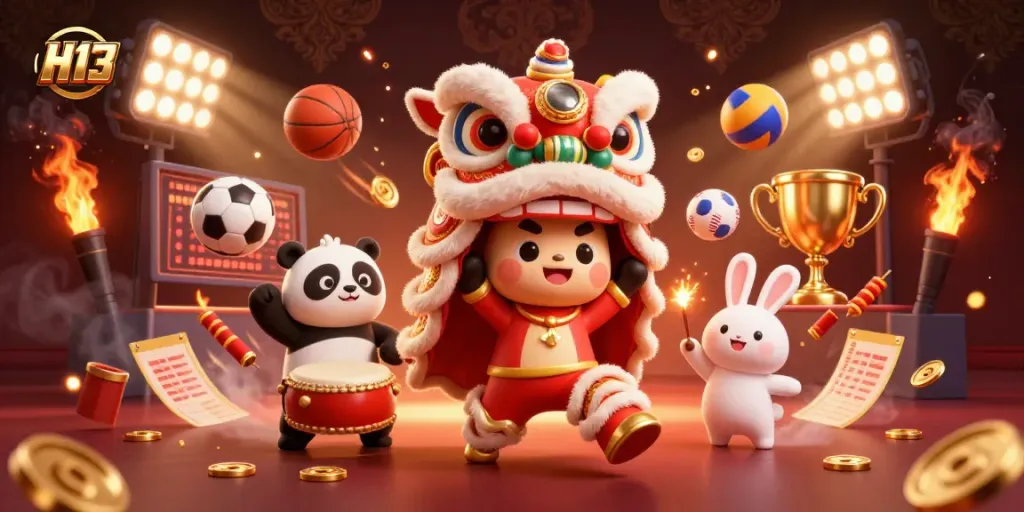 Engage with H13 gaming excitement featuring vibrant lion dance and dynamic sports elements.