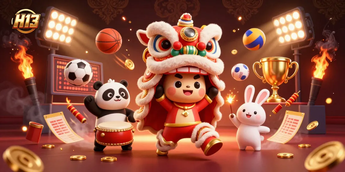 Engage with H13 gaming excitement featuring vibrant lion dance and dynamic sports elements.