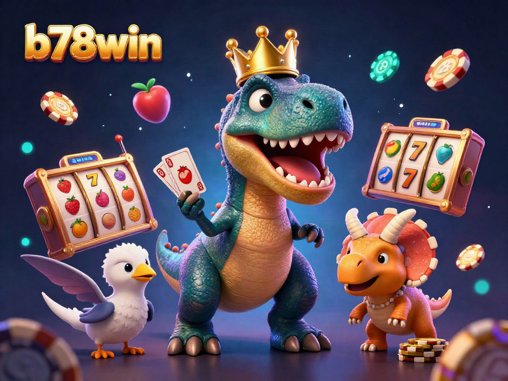 Stack cards with b78win's cheerful T-Rex while enjoying vibrant casino fun.