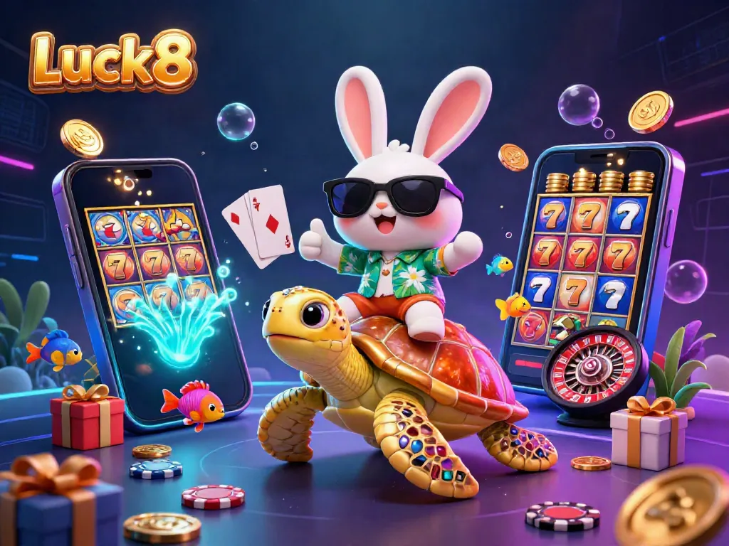 Luck8 reels excitement with a 3D lucky rabbit and golden turtle amidst vibrant casino elements.