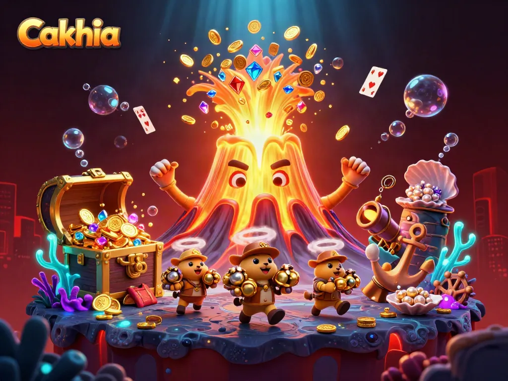 Cakhia offers a vibrant casino experience showcasing a triumphant golden volcano, treasure, and dynamic elements.