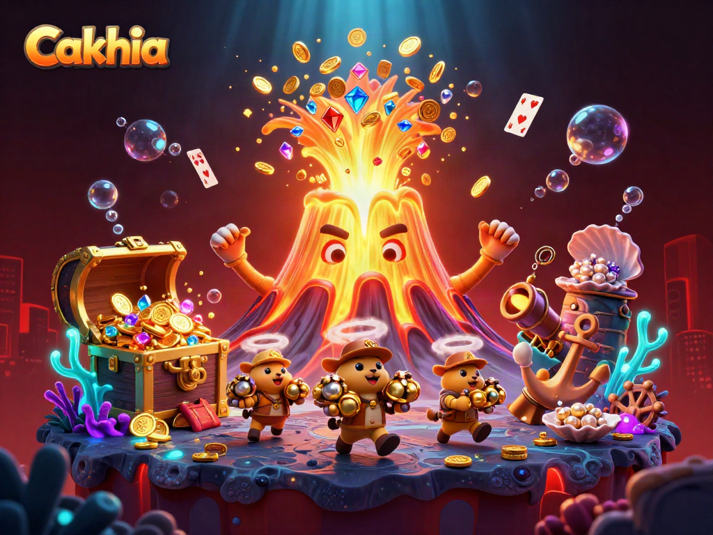 Cakhia offers a vibrant casino experience showcasing a triumphant golden volcano, treasure, and dynamic elements.