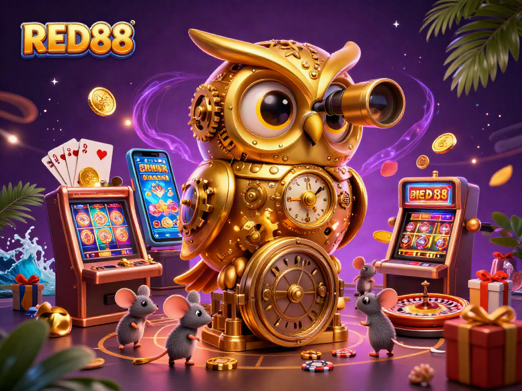Engage in exciting gameplay at RED88 with a vibrant casino atmosphere featuring a clockwork owl and lively game elements.
