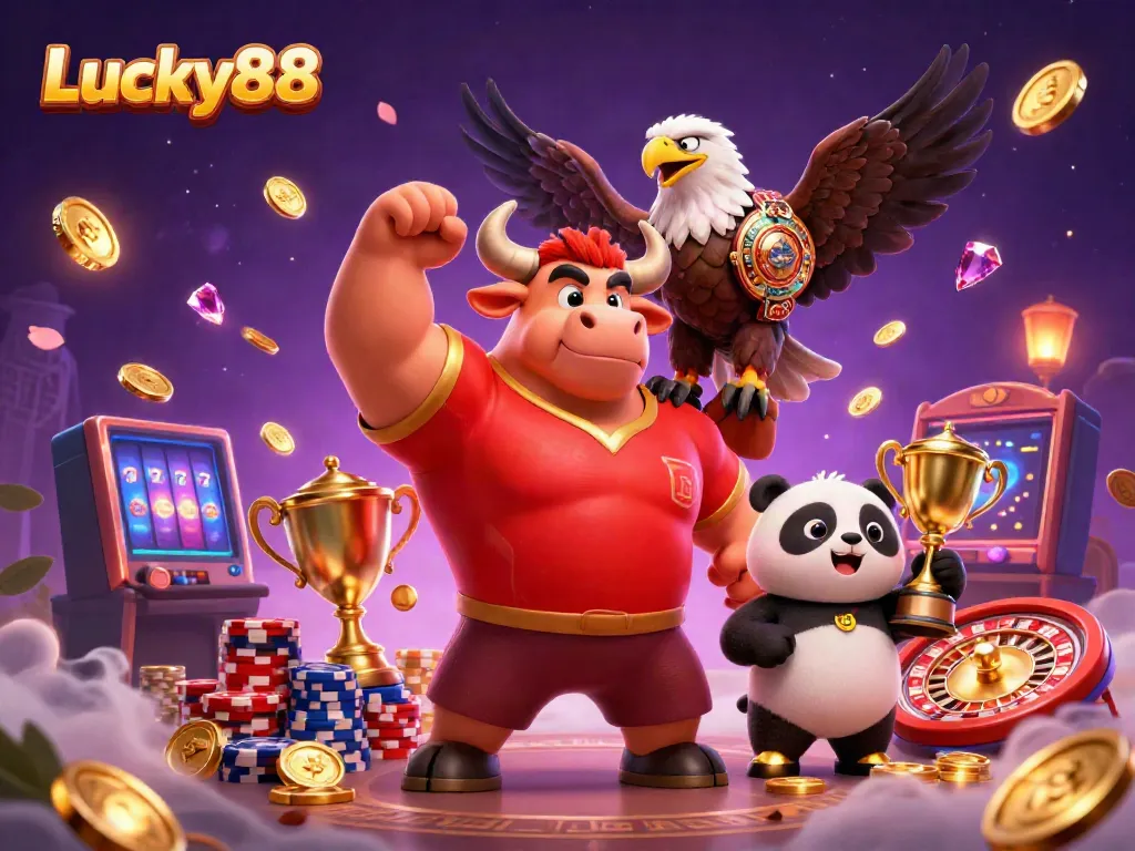 Experience Lucky88 with a whimsical 3D casino scene featuring a bull mascot and friends celebrating, surrounded by casino elements.