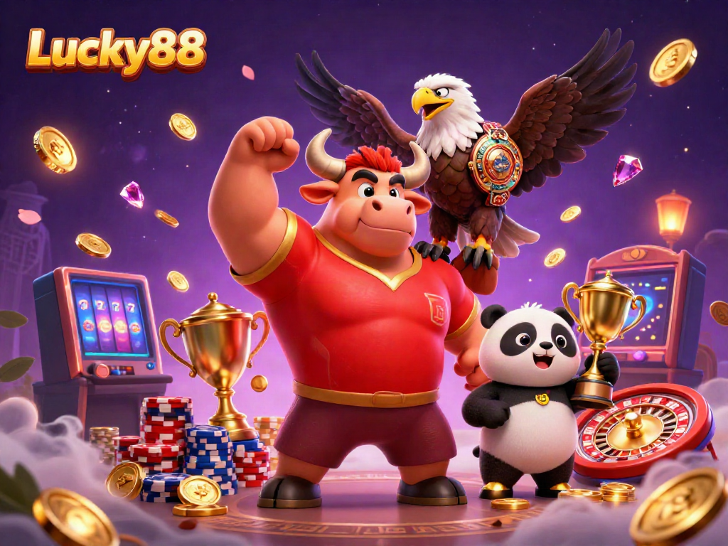 Experience Lucky88 with a whimsical 3D casino scene featuring a bull mascot and friends celebrating, surrounded by casino elements.