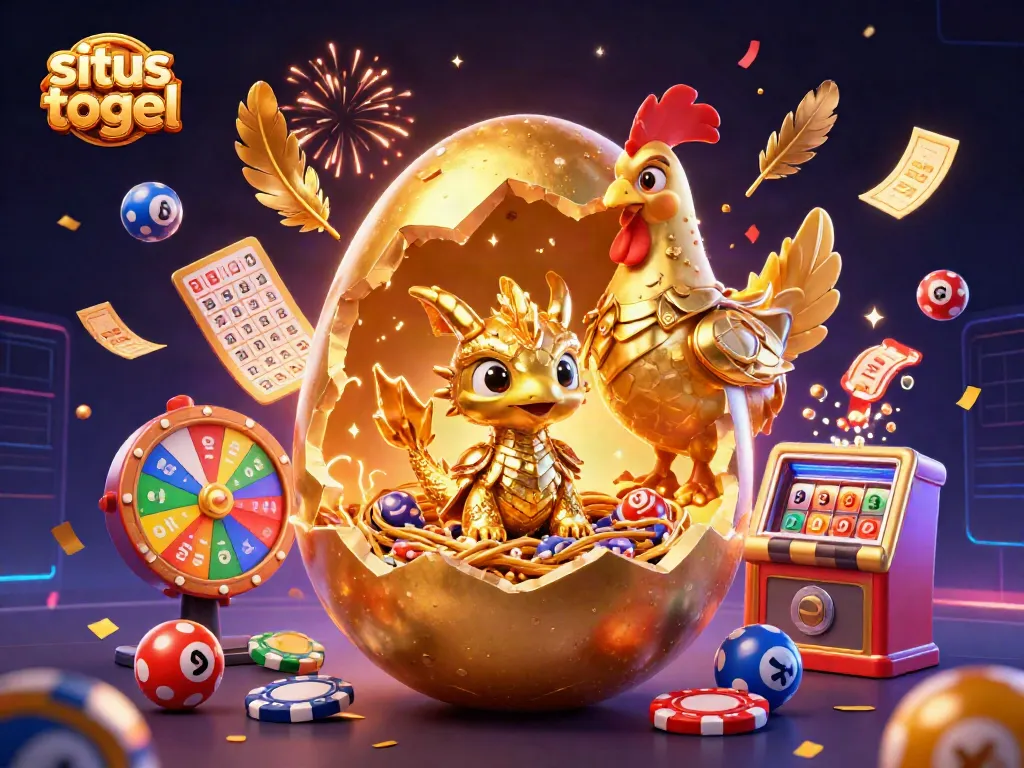 Engage with situs togel through a joyful 3D illustration of a golden dragon amidst dynamic gaming elements.