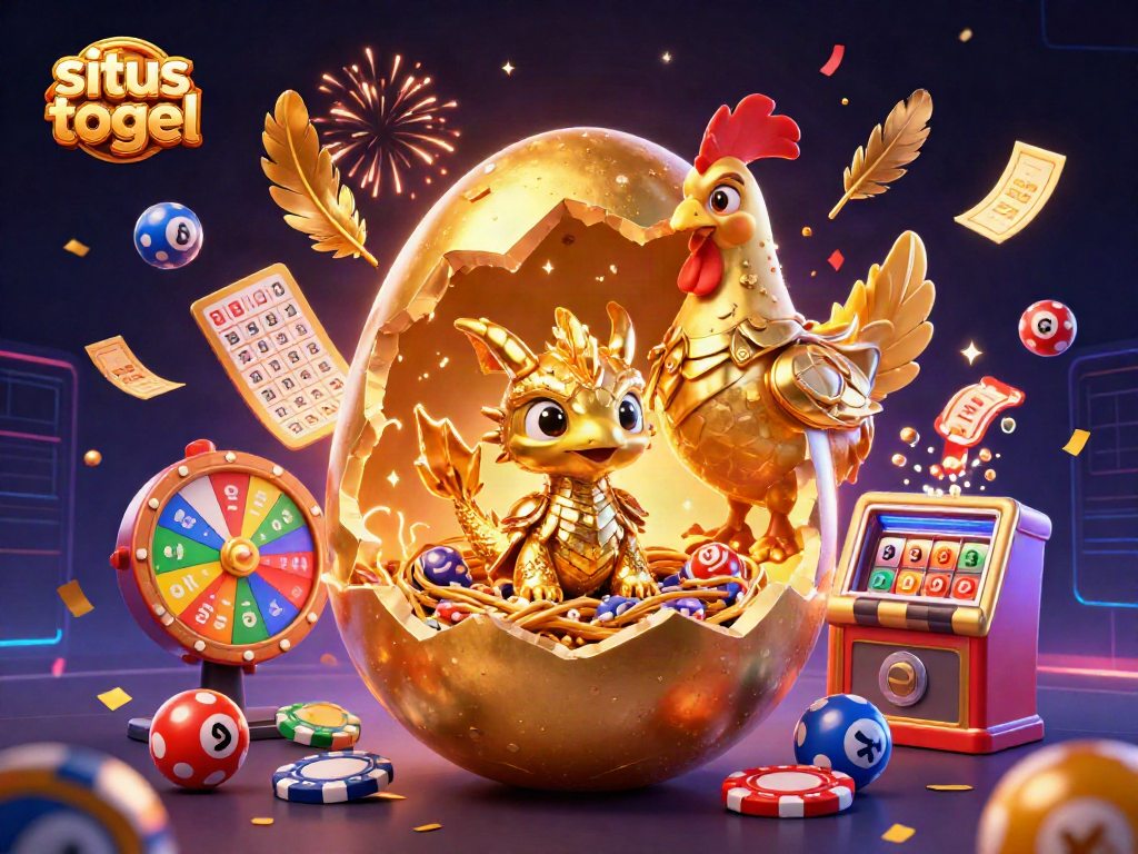 Engage with situs togel through a joyful 3D illustration of a golden dragon amidst dynamic gaming elements.