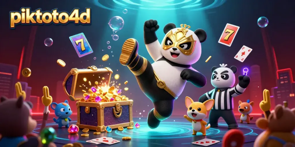 Experience thrilling gaming action with piktoto4d, showcasing a golden luchador panda and lively animal fans amidst slot reels.