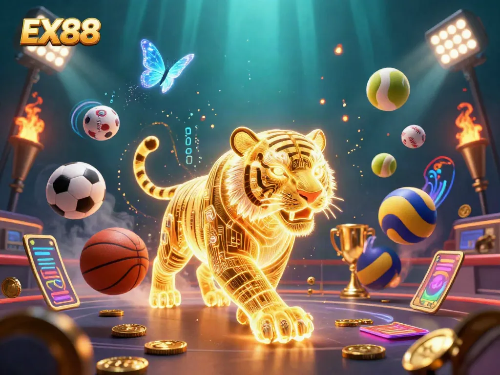 Engage in exciting sports betting with EX88, featuring dynamic scenes of a golden tiger in a vibrant casino.