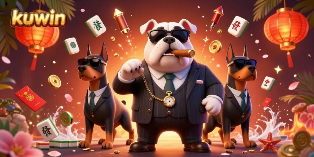 Kuwin casino scene showcasing a bulldog mafia boss and Doberman bodyguards with vibrant gaming elements.