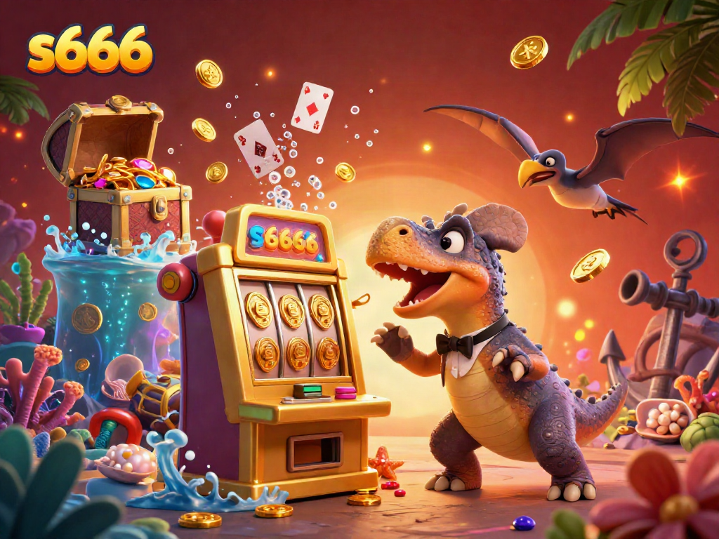 S666 delivers thrilling experiences as a pachycephalosaurus triggers a jackpot on a slot machine with gems and coins flying.