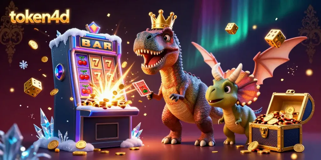 Menangkan jackpot di token4d dengan T-Rex lucu yang mencoba mengocok kartu dan triceratops yang menumpuk chip emas.