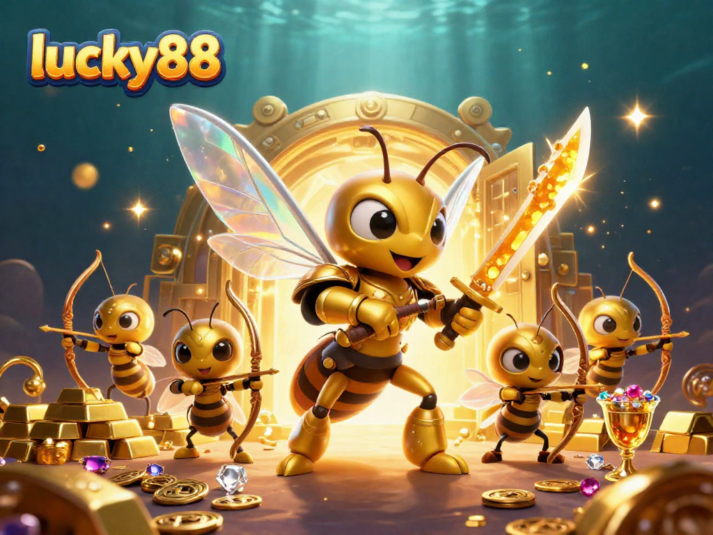 Experience thrilling games at lucky88 with a giant golden hornet warrior amidst rich casino treasures.