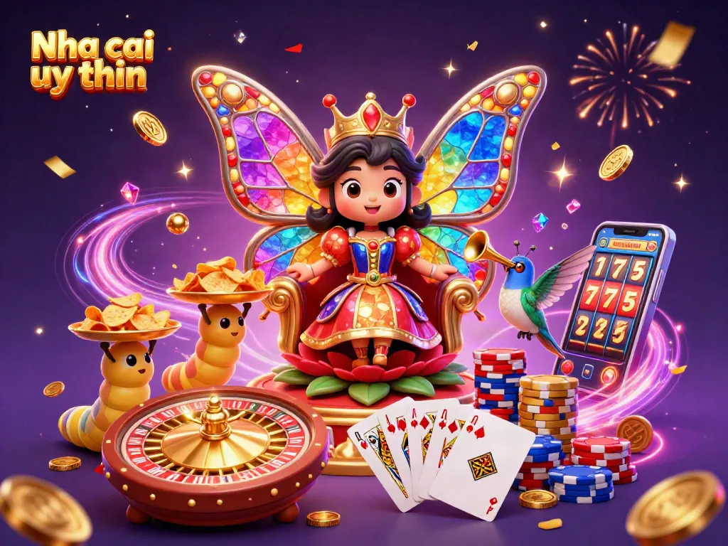 Nha cai uy tin promotes thrilling casino experiences with a vibrant butterfly queen and dynamic elements.