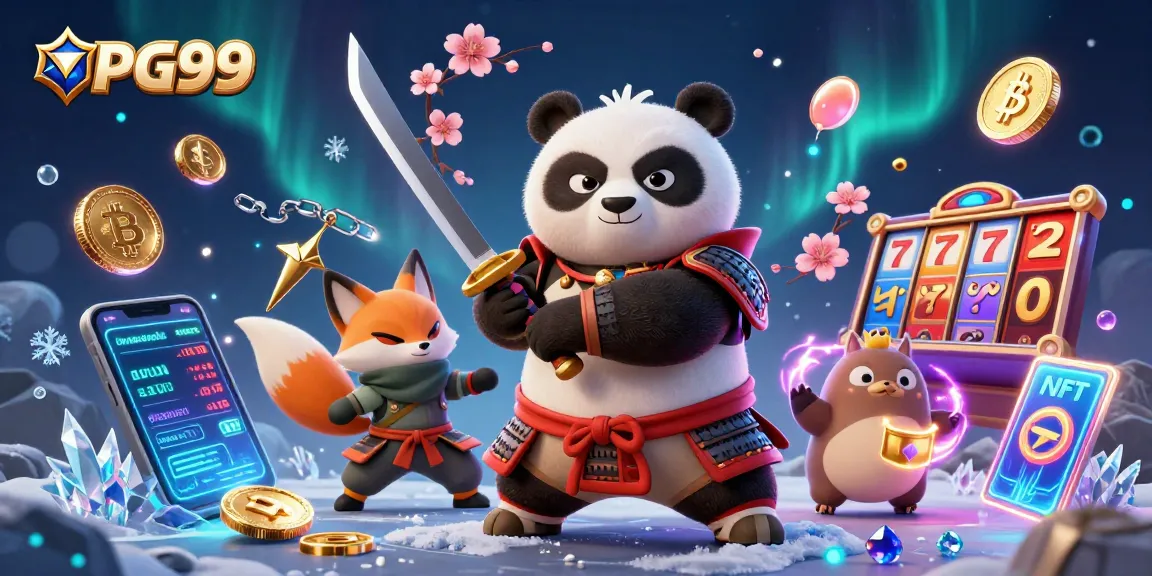 PG99 showcases a dynamic casino scene with a samurai panda, ninja fox, and tanuki amidst stunning gaming elements.