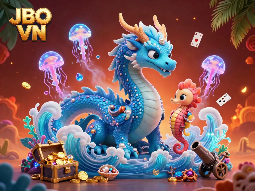 Experience thrilling action at JBO VN with a vibrant illustration of a dragon, knight, and jellyfish amidst treasures and gaming elements.