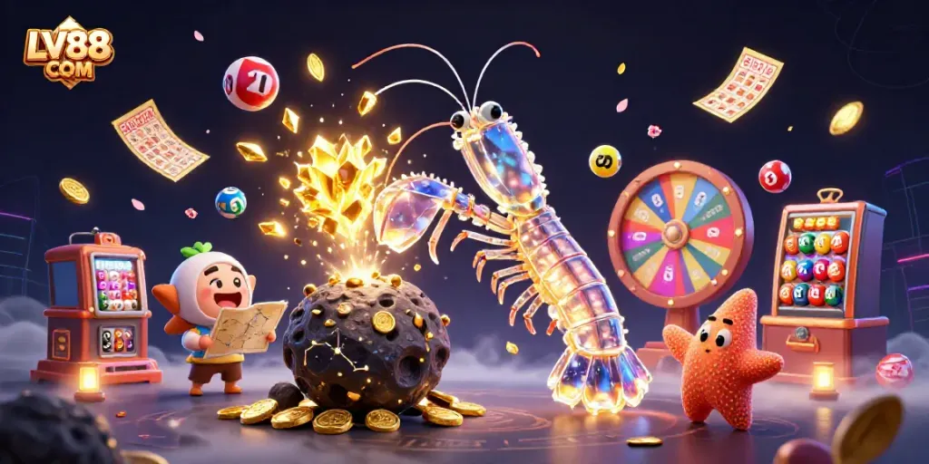 Engage in the vibrant world of LV88 COM with a galactic samurai mantis shrimp amid exploding treasures.