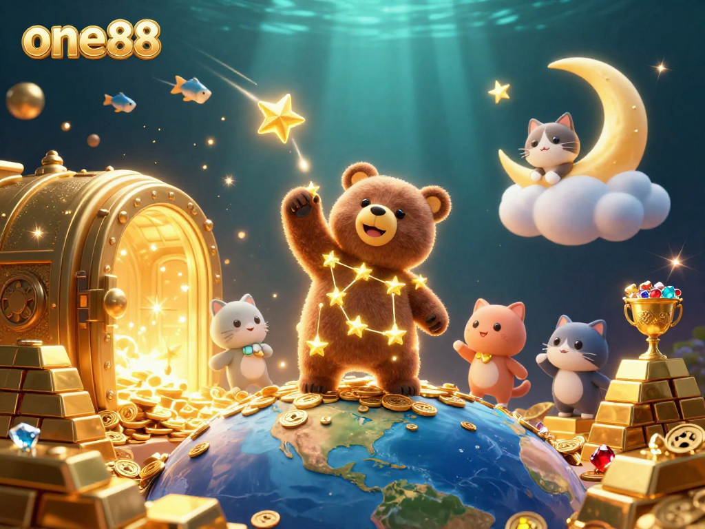 Engage with one88's vibrant casino experience amidst treasure and heavenly companions in this 3D illustration.