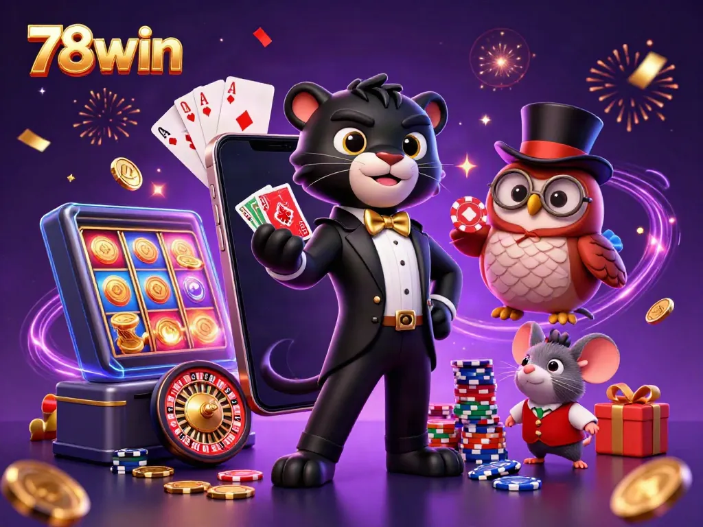 Engage with exciting card games featuring 78win's vibrant casino characters in a festive atmosphere.