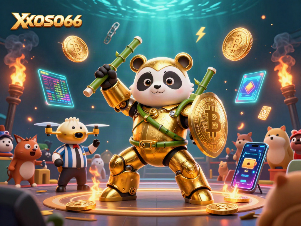 XOSO66 showcases an epic 3D gambling battle with a panda in a mech-suit amidst digital cryptocurrency elements.