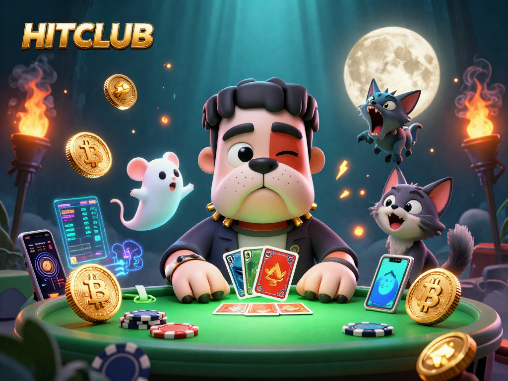 HITCLUB showcases a spooky casino scene with a monster dealer, ghost mouse, and kitten.