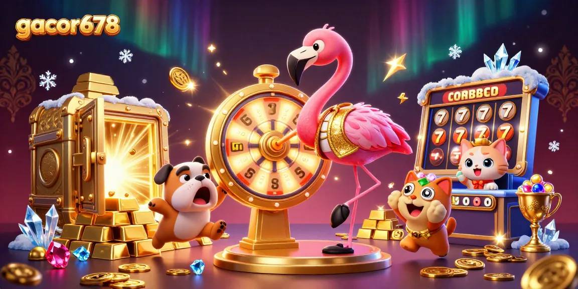 Witness the excitement of gacor678 with a game show host flamingo and a jumping bulldog amidst a treasure scene.