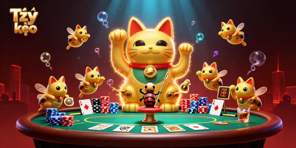Experience Tỷ lệ kèo in action with a giant lucky cat and vibrant casino elements.