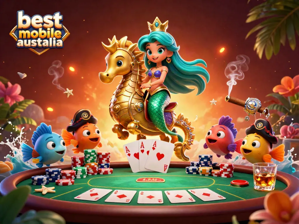 Experience the best mobile casino Australia with vibrant characters and casino elements in a dynamic underwater scene.