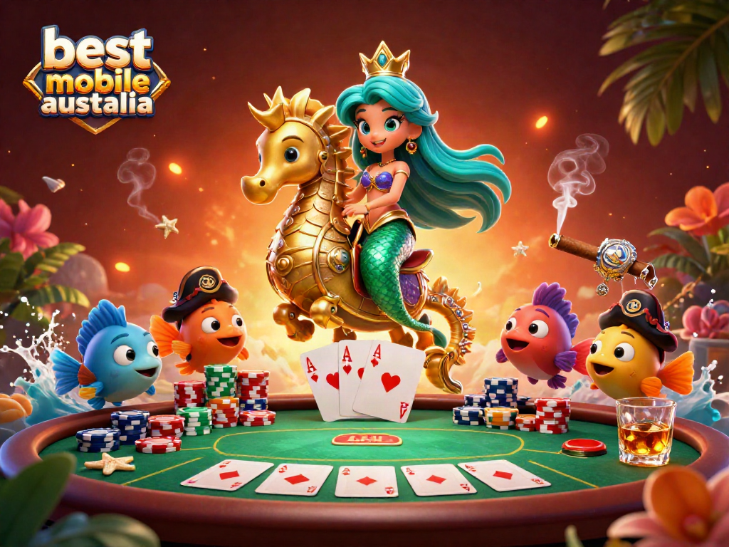Experience the best mobile casino Australia with vibrant characters and casino elements in a dynamic underwater scene.