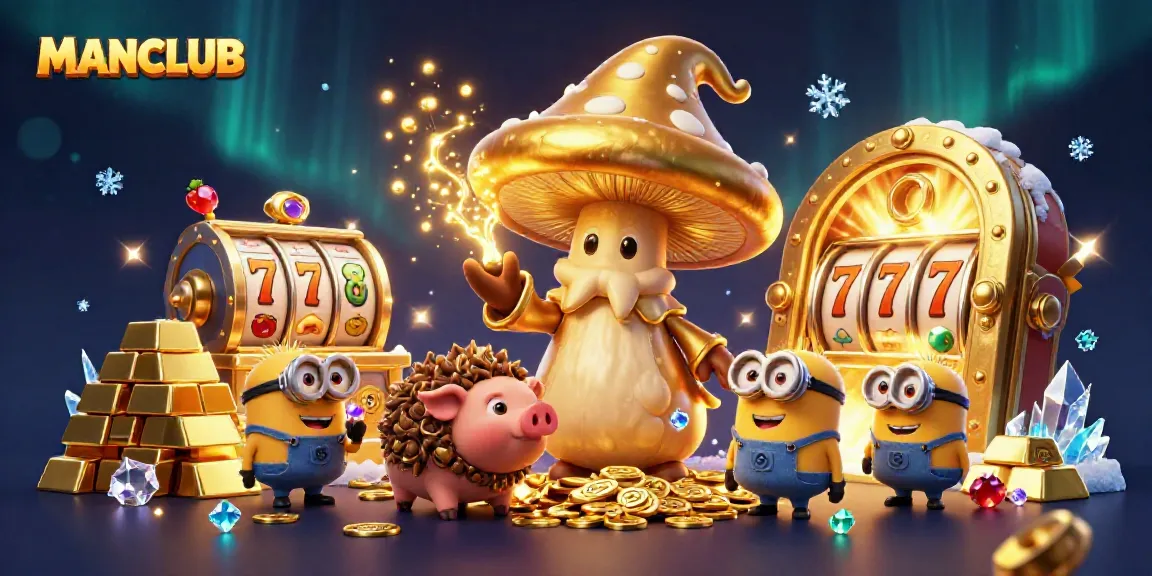 Experience the thrill of the MANCLUB casino with golden mushrooms, treasures, and spinning slots in a vibrant scene.